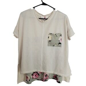 Boho Jane Womens Striped Floral Mixed Media High Low Pocket Tee Tan Sage Pink
